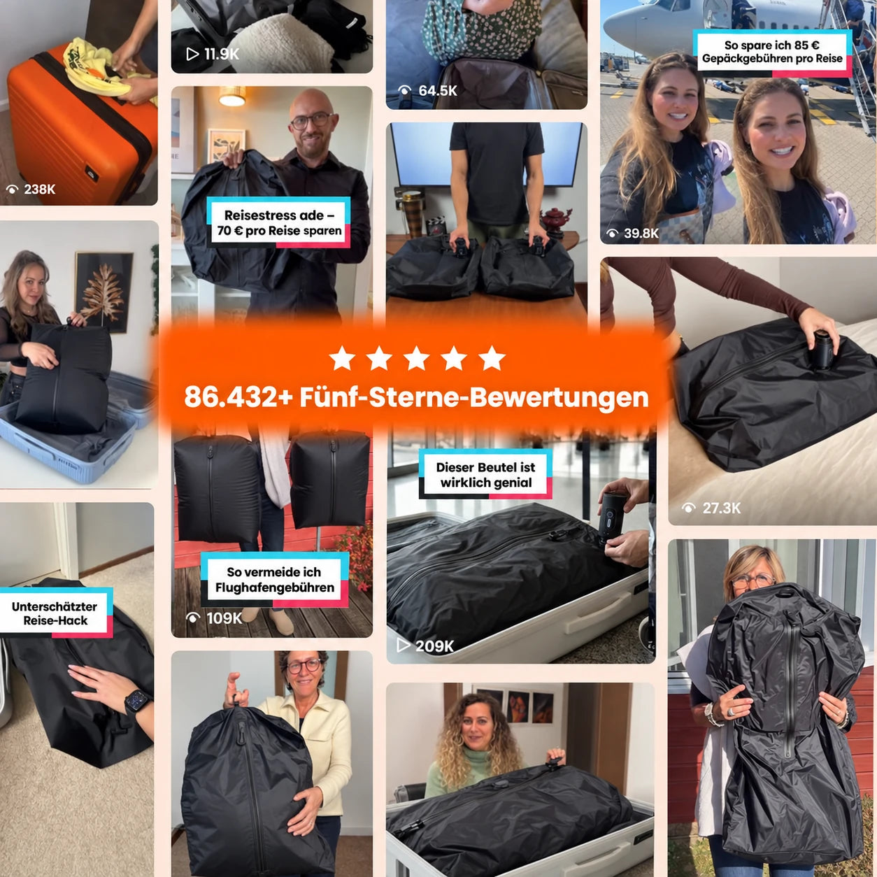 Collage aus Kundenvideos mit unbedruckten schwarzen Kompressionsbags