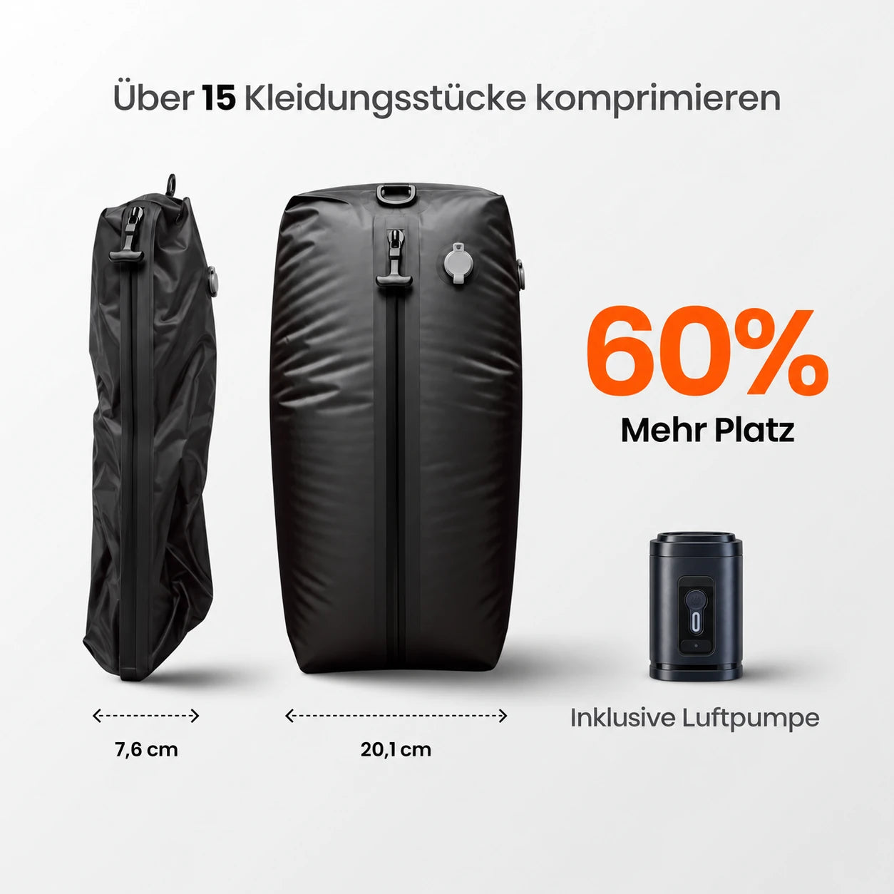 Komprimierte und gefüllte PACKMORE Bag im Größenvergleich mit VacuGo Pumpe