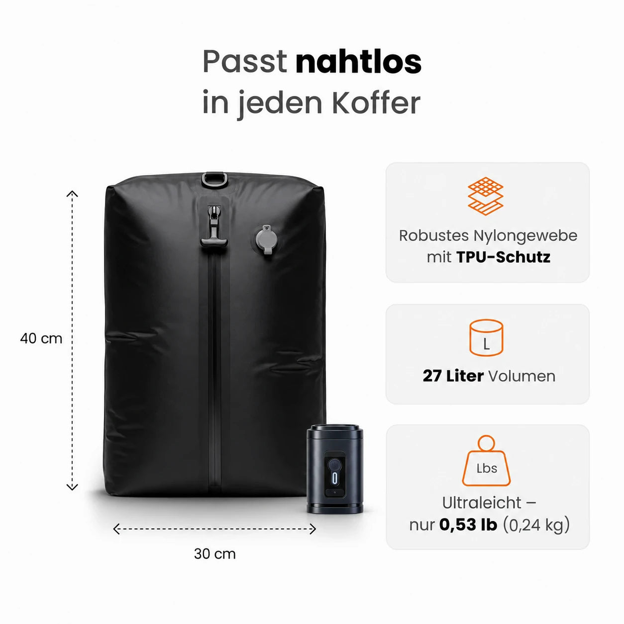 Maße und Material der unbedruckten PACKMORE Kompressionsbag