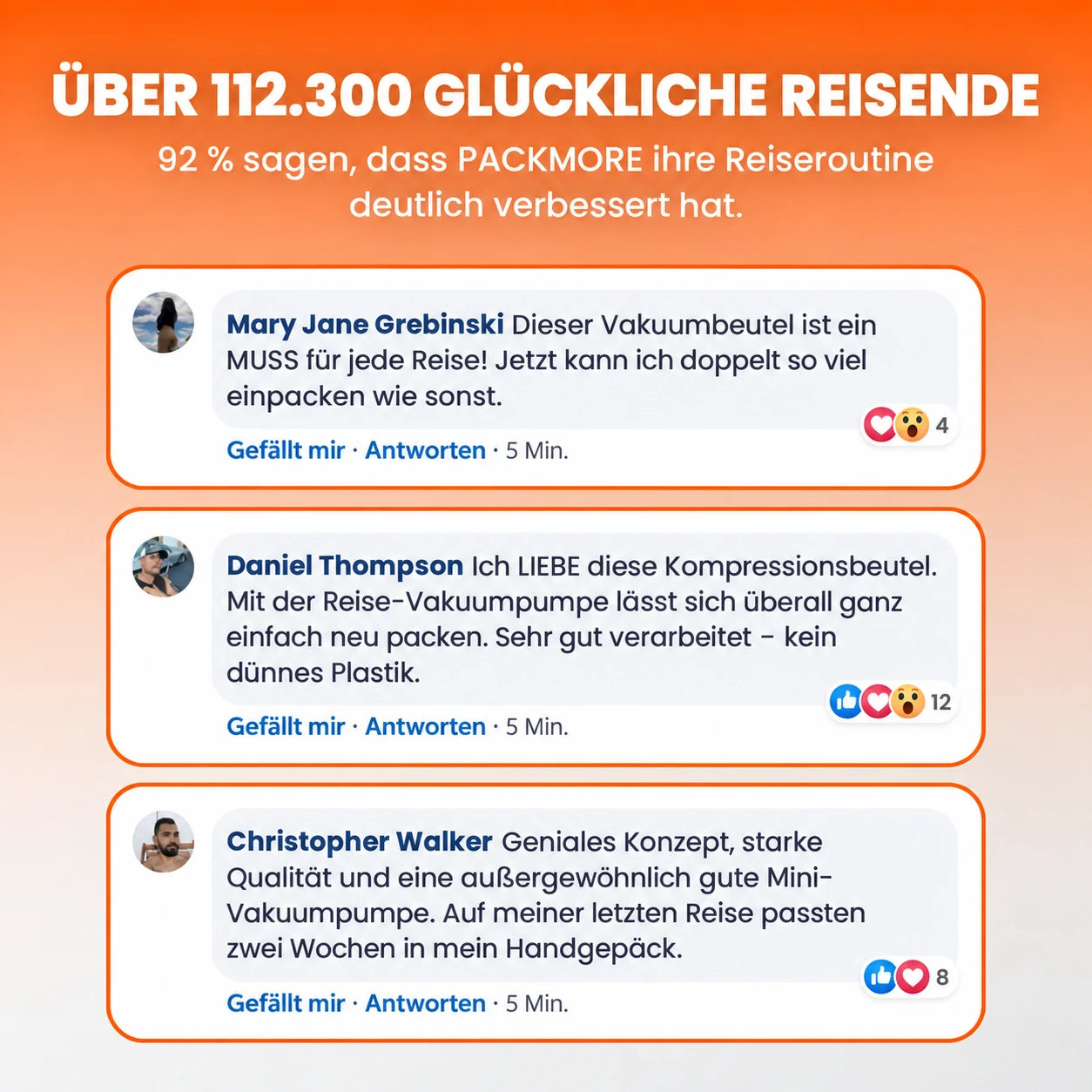Drei deutschsprachige Kundenbewertungen zu PACKMORE